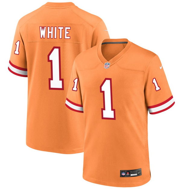 Men's Tampa Bay Buccaneers #1 Rachaad White Orange Throwback Limited Stitched Game Jersey - Click Image to Close